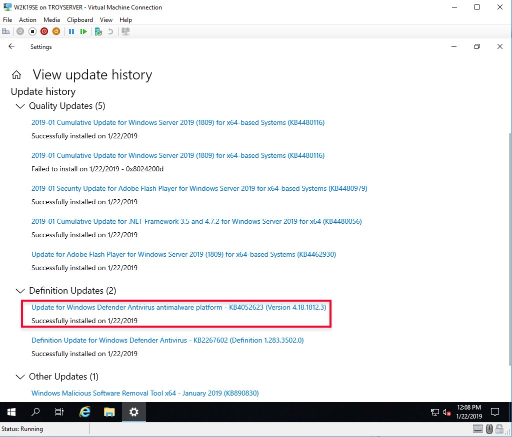 TroyMartinNet's tweet image. Windows Defender update (KB4052623) psbly causing problem with Boot Manager/Boot Loader startup on Server 2019. Repro'd in two Hyper-V environments. Only occurs after Start > Restart.  Start > Shut down or Hyper-V Shut Down button no problem @mikael_nystrom @jarwidmark @NerdPyle