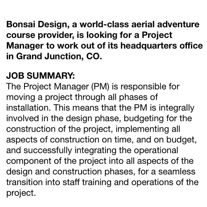 bonsaidesign's tweet image. #BonsaiDesign is looking for a Project Manager to join our growing team! 👫👬 If you’re interested or know someone who is, check out the link here:  indeed.com/viewjob?t=proj… 
#bonsaicrewrocks #projectmanager #aerialadventurecourse