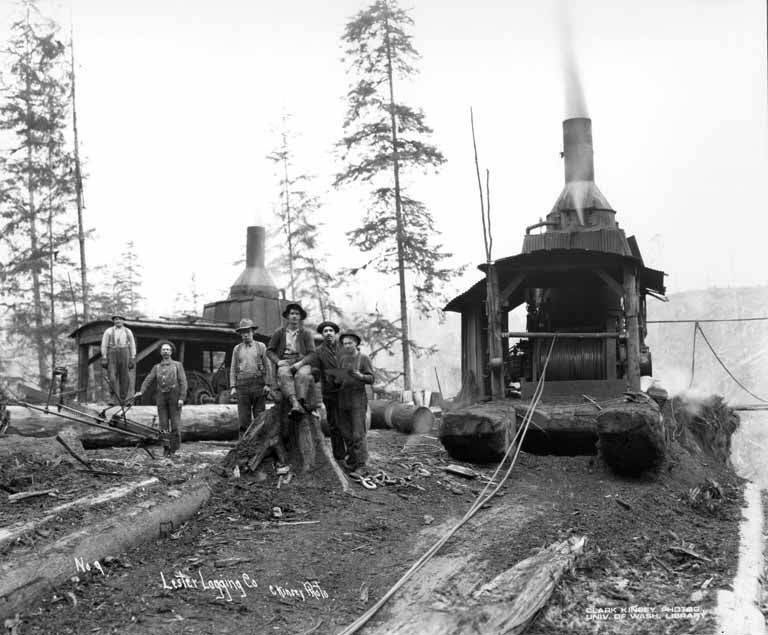 Two Steam Donkey engines are prepared for the long day ahead. Circa 1897, Southern Oregon. Photograph curtesy of Lester Logging Company. #SawyersChoiceUSA