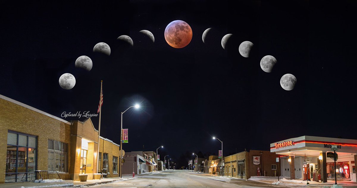 EJMLibrary's tweet photo. Captured by Lorraine Photography beautifully photographed the phases of the eclipse over downtown Hampshire & the #EllaJohnsonLibrary is front & center! Please check out her FB page at: https://t.co/FDiVwYJbFx … #HampshireIL #capturedbylorraine #lunereclipse #superbloodwolfmoon https://t.co/DWmtwdzJLa