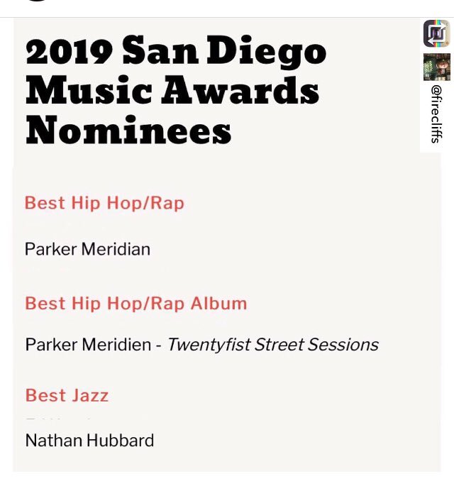 PRKRedison's tweet image. Voting for this year‘s @SDMusicAwards begins this week. dosd.com/p/sandiegomusi…
Please take a sec and vote for:
Nathan Hubbard for best Jazz 
Parker Meridien for best Rap. #platformcollection #thefreshstate #playsdmusic #sdrap #socal #fistslikegotti #twntyfstst #vote