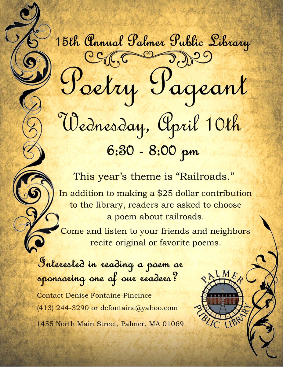 PalmerLibraryMA's tweet image. Please join us on Wednesday, April 10th from 6:30 PM - 8:00 PM in the #CommunityRoom for our 15th Annual @PalmerLibraryMA #Poetry Pageant!!!

This year's theme is #Railroads 🚂🚃