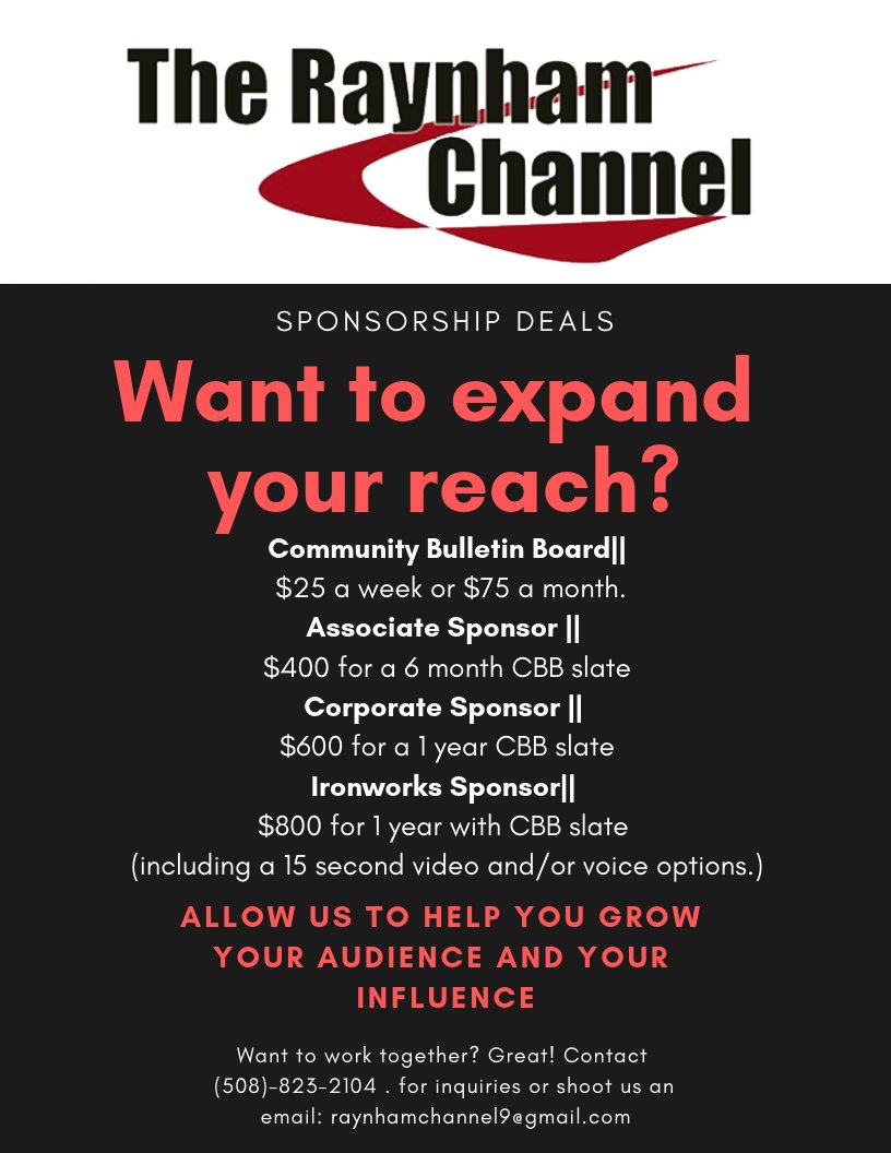 RaynhamChannel's tweet image. Interested in becoming a sponsor? DM or contact us at raynhamchannel9@gmail.com for more information!