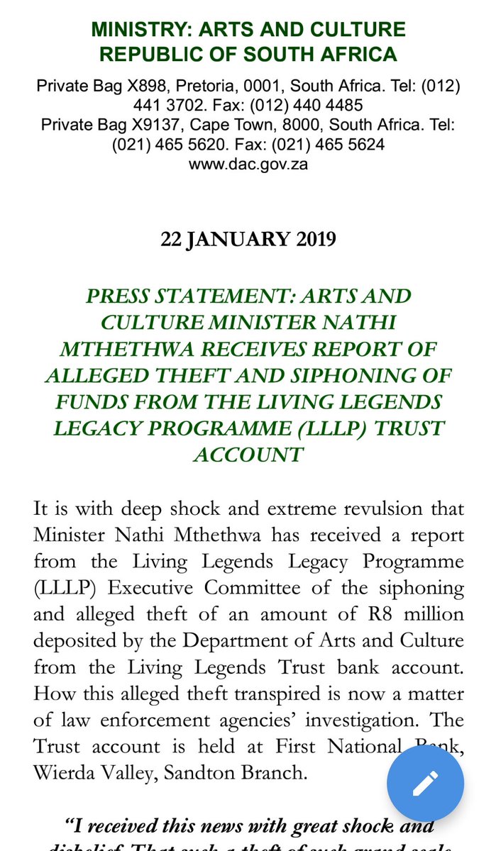 SportArtsCultur's tweet photo. PRESS STATEMENT: ARTS AND CULTURE MINISTER @NathiMthethwaSA 'S RESPONSE FOLLOWING CONSULTATIONS RE: ALLEGED THEFT AND SIPHONING OF FUNDS FROM THE LIVING LEGENDS LEGACY PROGRAMME (LLLP) TRUST ACCOUNT.
#LivingLegends #LivingLegendsTrust #LivingLegendsLegacyProgramme https://t.co/9f70AddfZP