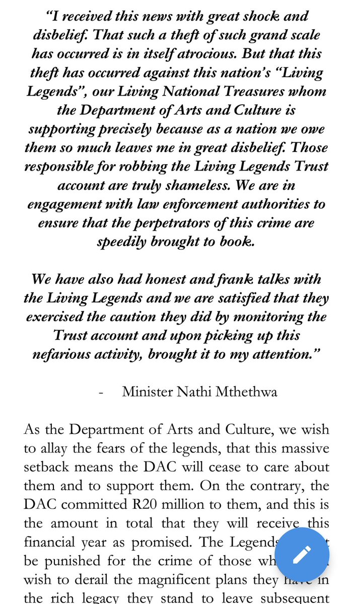 SportArtsCultur's tweet photo. PRESS STATEMENT: ARTS AND CULTURE MINISTER @NathiMthethwaSA 'S RESPONSE FOLLOWING CONSULTATIONS RE: ALLEGED THEFT AND SIPHONING OF FUNDS FROM THE LIVING LEGENDS LEGACY PROGRAMME (LLLP) TRUST ACCOUNT.
#LivingLegends #LivingLegendsTrust #LivingLegendsLegacyProgramme https://t.co/9f70AddfZP