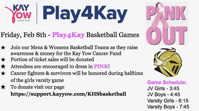 Only a few weeks away from hosting our #Play4Kay Games <a href="/KnightdaleHS/">Knightdale High</a> vs <a href="/HHS_Huskies/">Heritage High School</a>! Hoping our <a href="/KHSCD_KRAZIES/">Knightdale Krazies®️</a> are getting their pink outfits ready! Visit our page support.kayyow.com/KHSbasketball to donate. <a href="/KhsAthletic/">KHS Athletic Booster</a> <a href="/KdaleNC/">Knightdale, NC</a> <a href="/KayYowFund/">Kay Yow Cancer Fund</a>