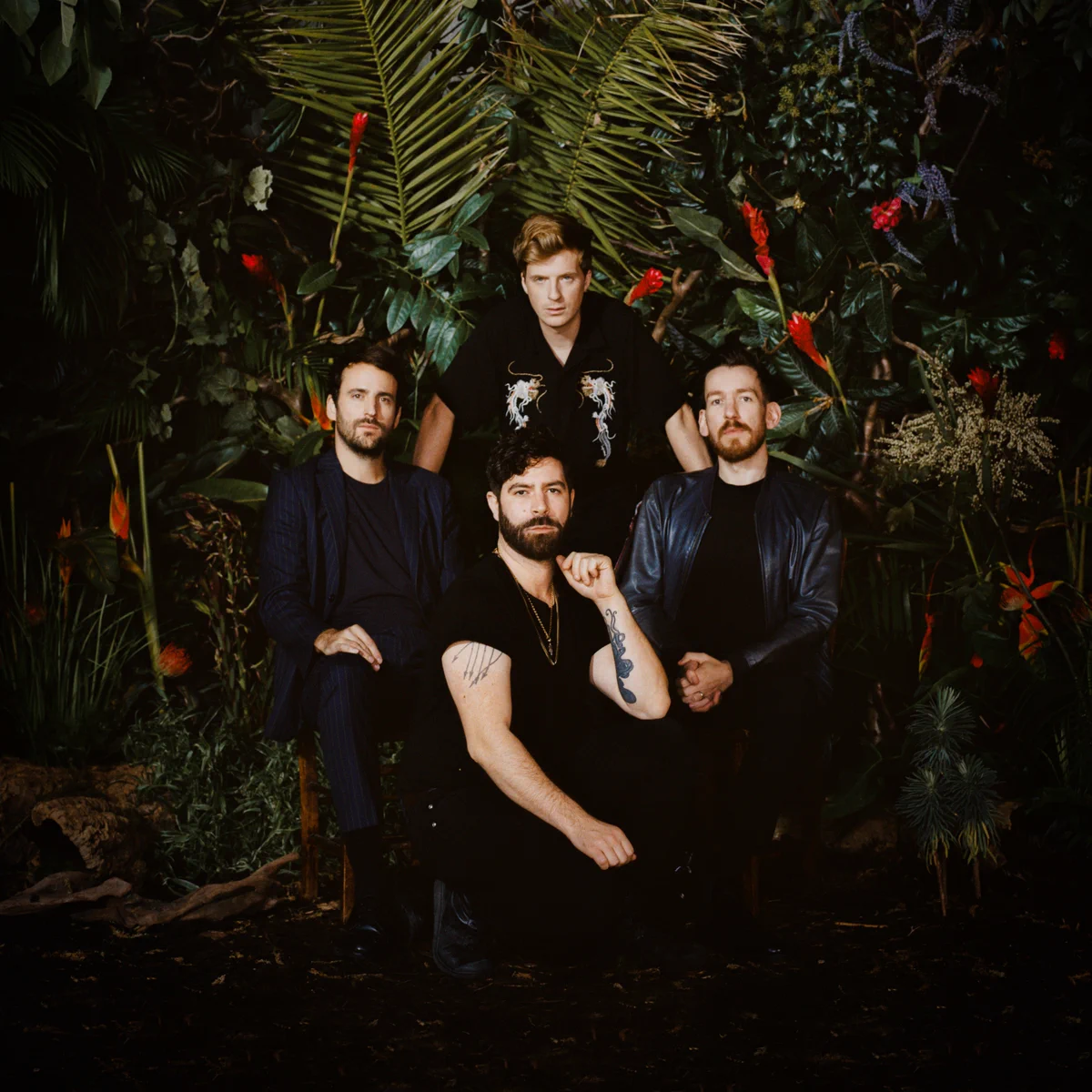 Press shot for band Foals showing 4 men wearing black against a backdrop of tropical plants and palms