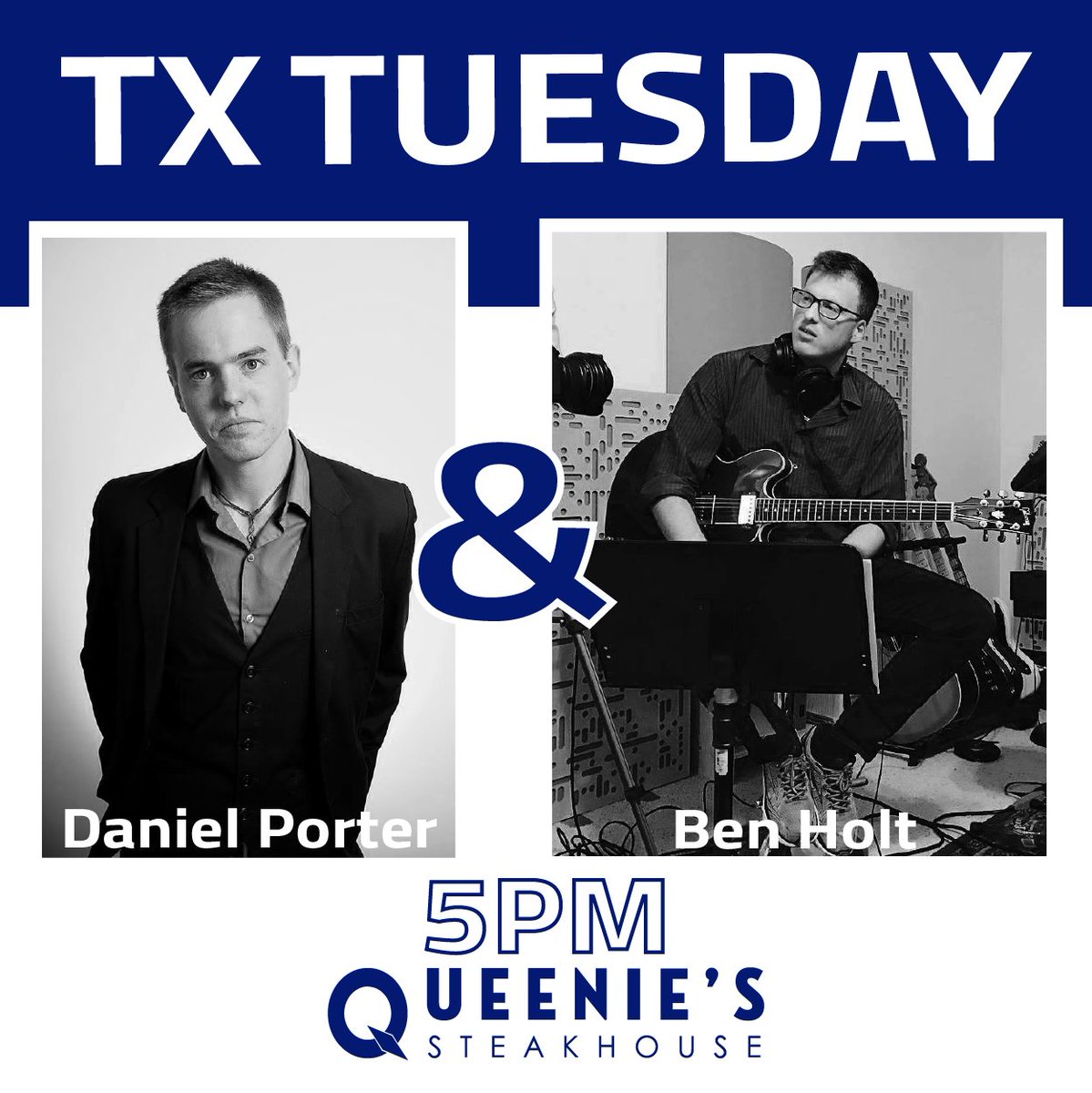 QueeniesDenton's tweet photo. Don't miss Daniel Porter & Ben Holt tonight @QueeniesDenton at 5PM for #TxTuesday--featuring happy hour drink specials in the bar area & 1/2 off entrees + select wines for ladies-tables! #livemusic #ladiesnight #txtuesdays #eatdrinkandlivewell #cheftimlove #offthesquare https://t.co/8nz7jJClWx