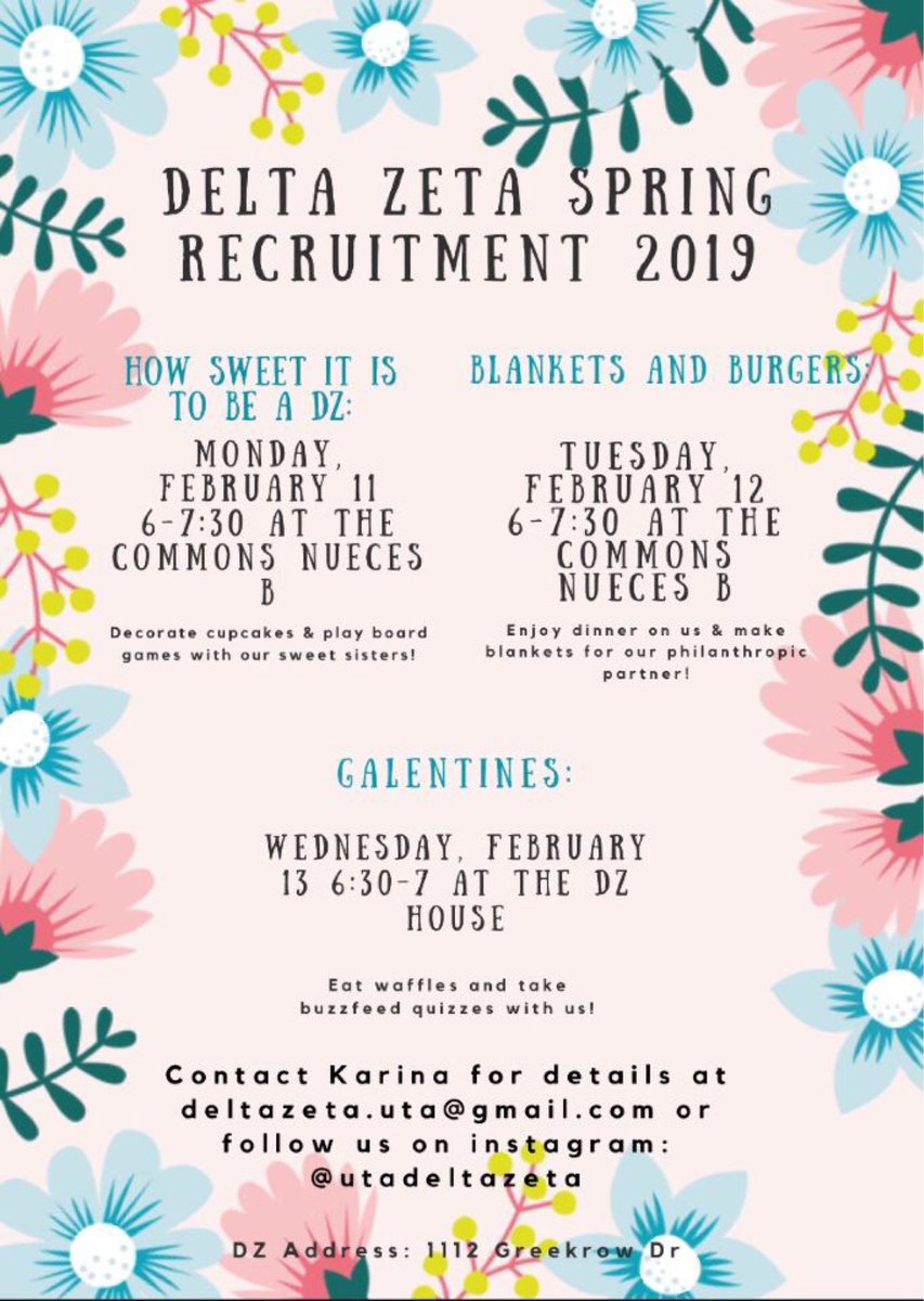 Interested in going Greek this semester? Come meet the amazing women of <a href="/UTADeltaZeta/">UTA Delta Zeta</a> at these fun events! 💗💚