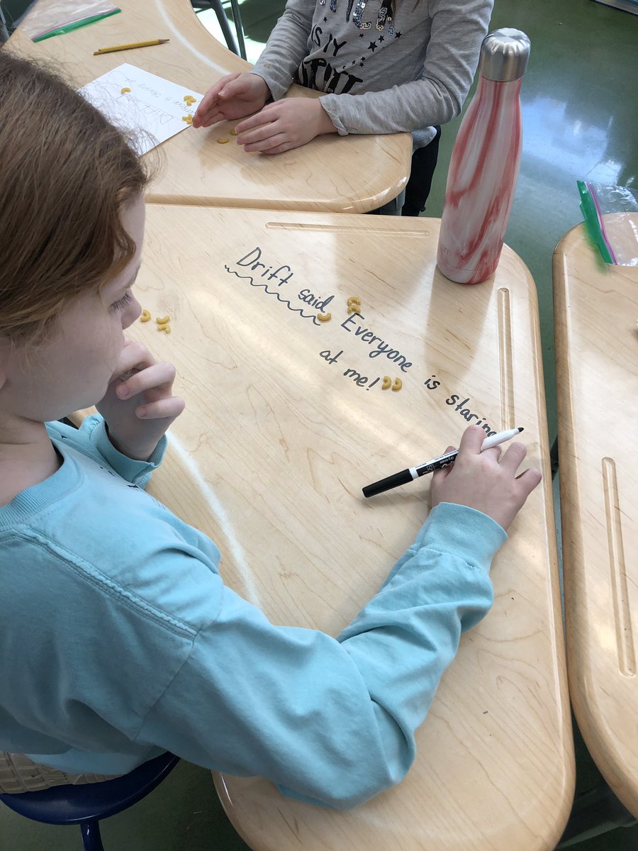 Students learning the importance of commas and quotation marks.  Writing is more fun with macaroni.  <a href="/JresRockets/">JRES</a> #rocketohana