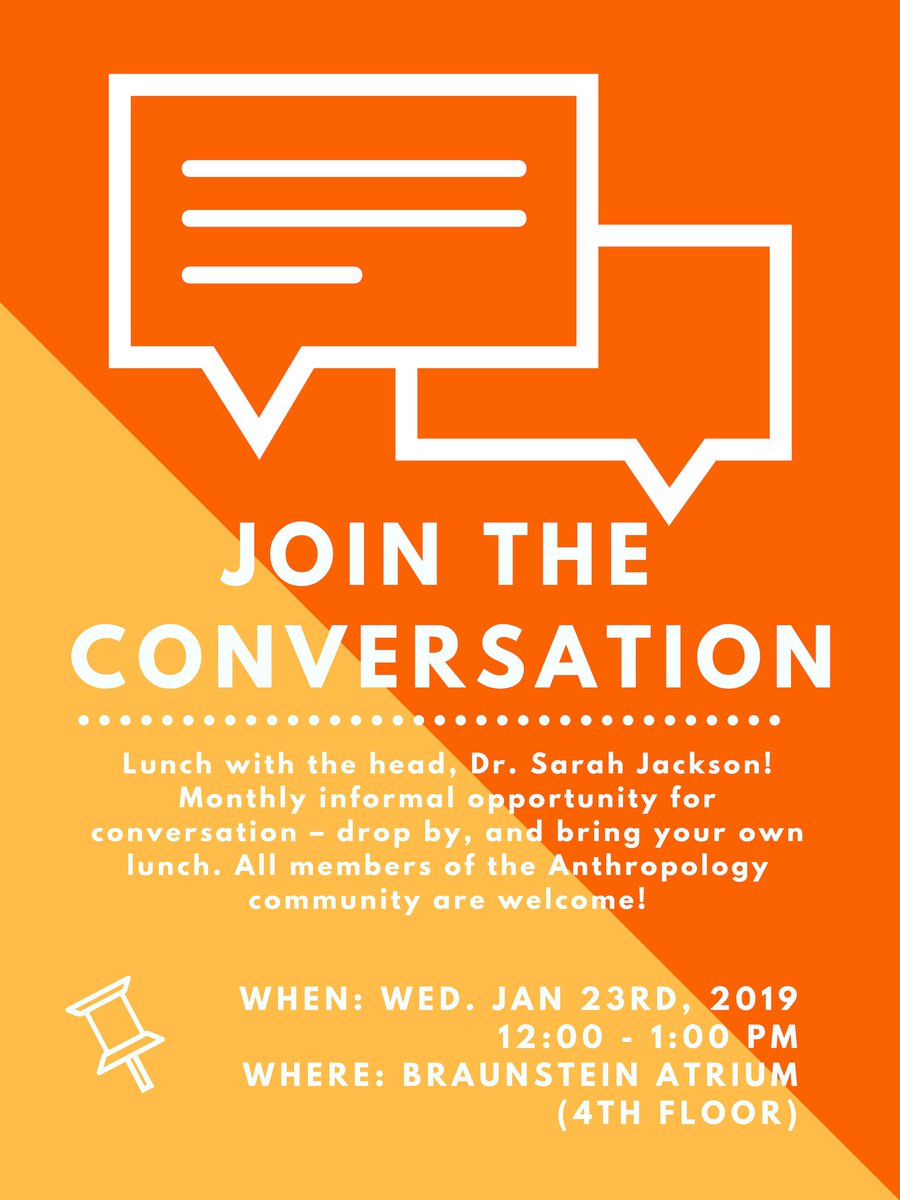 BearcatAnthro's tweet photo. 🍽️🍽️🍽️ Tomorrow!🍽️🍽️🍽️ Join us for the first lunch with head, Dr. Jackson, of the year! Drop on it, bring a lunch, and join the conversation! #AnthMore #Lunchwithhead https://t.co/Y9iInJVXYw