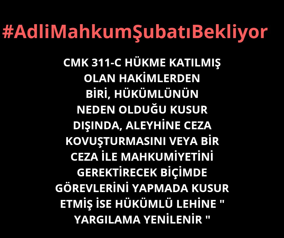 #AdliMahkumŞubatıBekliyor
4500 hakim ve savcı ya açığa alındı yada içeri girdi peki bunların verdikleri kararlar ne olcak haksız yere ceza alan binlerce insan var
<a href="/RT_Erdogan/">rt_erdogan</a> 
<a href="/dbdevletbahceli/">Devlet Bahçeli</a> 
<a href="/abdulhamitgul/">Abdulhamit Gül</a> 
<a href="/omerrcelik/">Ömer Çelik</a> <a href="/mahirunal/">Mahir Ünal 🇹🇷</a> 
<a href="/BeratAlbayrak/">Berat Albayrak</a> 
<a href="/Akparti/">AK Parti</a>