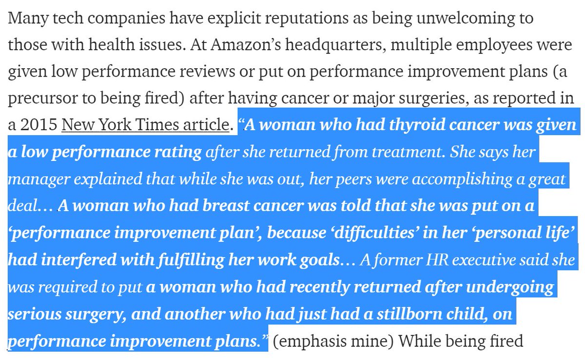math_rachel's tweet image. Remember how Amazon gave several employees low performance scores after they returned from cancer treatment or major surgeries. 
(It's also worth noting that the employees mentioned were all women.) medium.com/@racheltho/the…