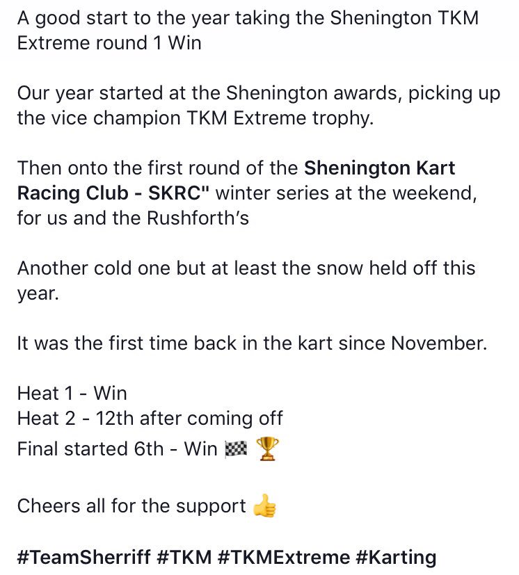 Josh_sherriff's tweet photo. @SheningtonKRC Winter series round 1 win 🏁🏆👌
#SKRC #TKM #TKMExtreme #TeamSherriff #win https://t.co/xw2Ygbd8iY