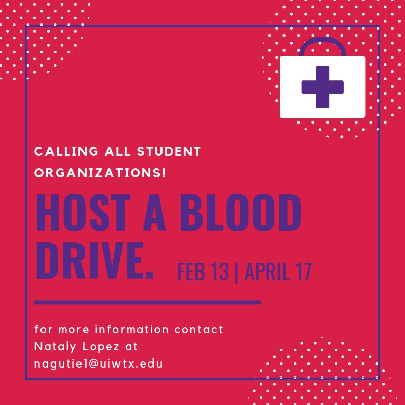 UIWcampusengage's tweet image. Student Orgs are still needed for the blood drives on February 13 and April 17! Sign up today by contacting nagutie1@uiwtx.edu! #UIW