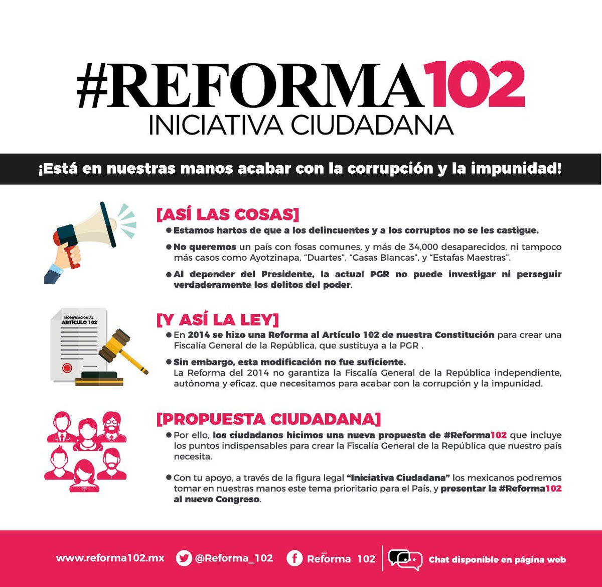 Con #Reforma102 hacemos una propuesta de Reforma al artículo 102 constitucional para contar con la Fiscalía General de la República que necesitamos si queremos que las cosas cambien, y cambien para bien. Súmate y apoya con tu #FirmaPoderosa reforma102.mx #YaEstuvo