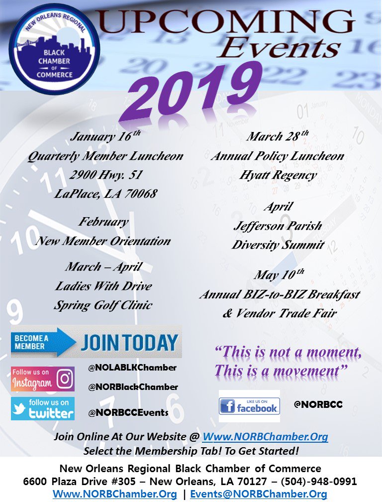 NORBCCEVENTS's tweet photo. #NORBCC 2019 Upcoming Events! Check It Out! More dates coming soon!!!!! #NewOrleans #NORBCC #2019 #Events #Membership Members &amp; Non-Members Welcome! https://t.co/zIRbBJ2QeW