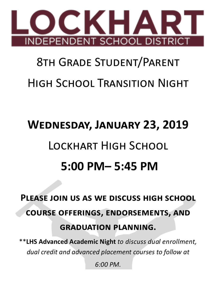 Lockhart ISD (@lockhartisd) on Twitter photo Parents of current 8th graders:
Tomorrow, Jan. 23, is the 8th grade student/parent high school transition night at LHS from 5- 6:45 pm. Learn about course offerings, endorsements, & graduation planning! The future is bright for our Lockhart Lions! #LockhartLeading <a href="/SouthpawEdu/">Mark Estrada Jr.</a> Parents of current 8th graders:
Tomorrow, Jan. 23, is the 8th grade student/parent high school transition night at LHS from 5- 6:45 pm. Learn about course offerings, endorsements, & graduation planning! The future is bright for our Lockhart Lions! #LockhartLeading <a href="/SouthpawEdu/">Mark Estrada Jr.</a>