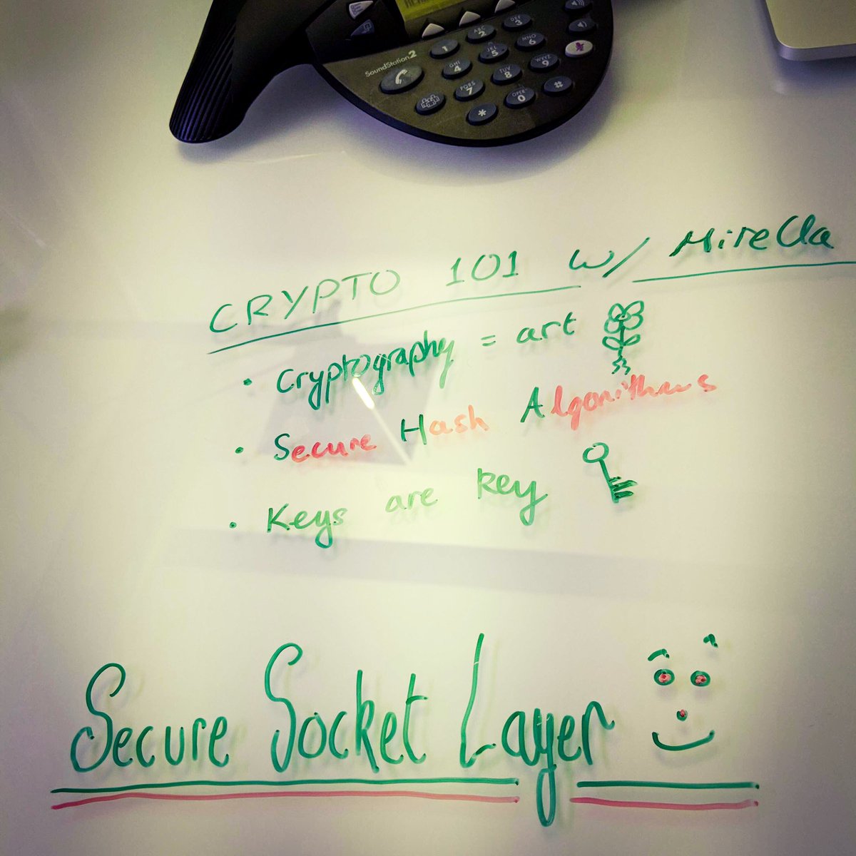 mirella4real's tweet photo. Today I shared a presentation with my team on the topic of cryptography. Notes on desks were taken. #Cryptography101 #TheyWereListening https://t.co/gbISbIMPFj