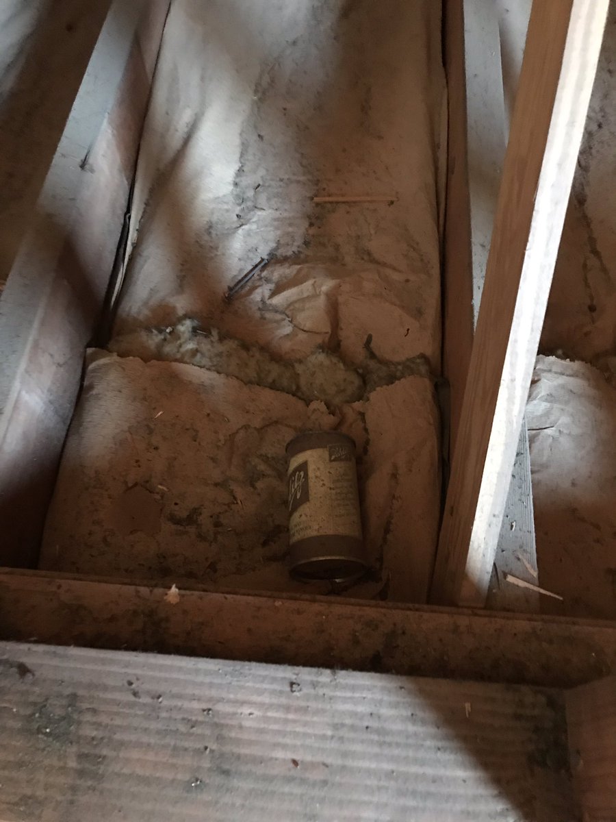 ryanhanrahan's tweet photo. was ripping out old insulation upstairs today and found an old can of Schlitz. No pull tab! I’m assuming it was from the early 50s when the house was built. https://t.co/yuXofbCKlT