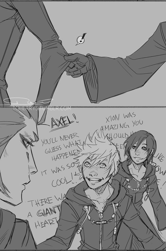 More KH stuuufff -  Axel's 2 modes: killer and baby-sitter

I can't get over how "funny" it is that the two kids were entrusted to and became best friends with the Organization's assassin of all people 