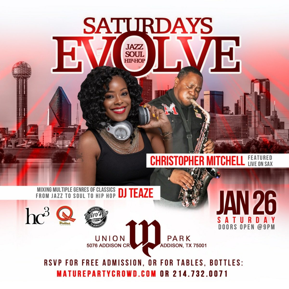 #SaturdaysEvolve #DallasNightLife #SaturdayNight #Addison #Jazz2Soul2HipHop #HC3 #QualityEventsDallas #RetroHip #MaturePartyCrowd