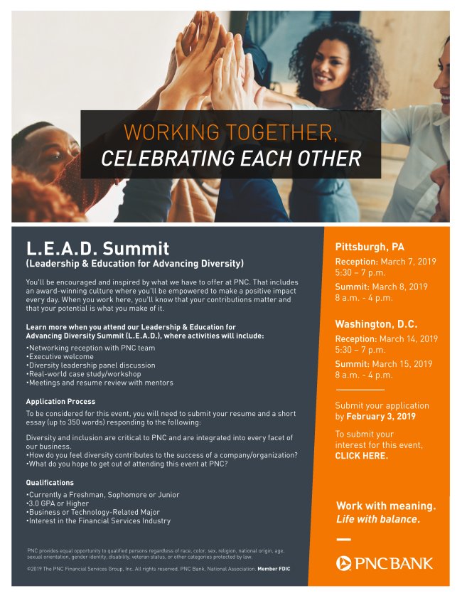 CLE_BLACKMBA's tweet photo. Are you ready to L.E.A.D with PNC? Apply to attend the 2019 Leadership &amp; Education for Advancing Diversity Summit. https://t.co/AZ2iHfr7mp https://t.co/BVOM5bXW9e