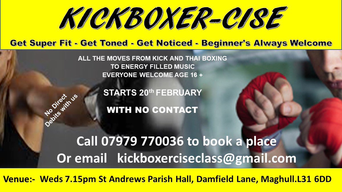 Kickboxercise1's tweet image. STARTS WEDS 20th FEB AT 7.15pm ST ANDREWS PARISH HALL, DAMFIELD LANE MAGHULL . L31 6DD

PLEASE SHARE 

This  first class is FREE on this night. There onwards £5.50 per person per class

This class is available to ANYONE over the age of 16.

kickboxerciseclass@gmail.com