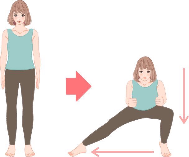 【ディフェンス編】
ディフェンスの際のスライドステップで必要になる内転筋、大臀筋。
サイドランジで鍛えていきましょう。
股関節の柔軟性も高めることができます。