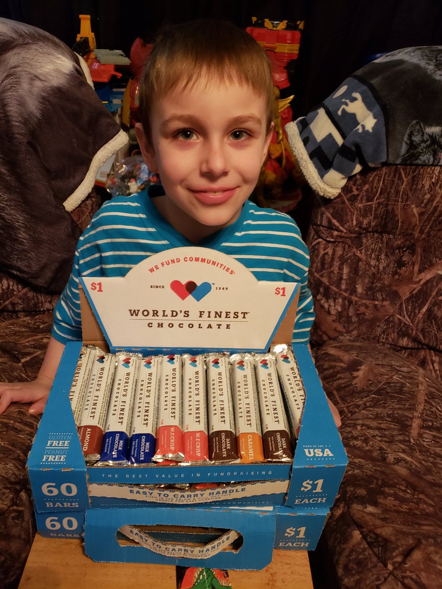 Boys are selling candy bars for cub scouts $1 a piece carmel almond milk chocolate dark chocolate w.f. krisp 
Its to help them go to camp in the summer for cub scouts