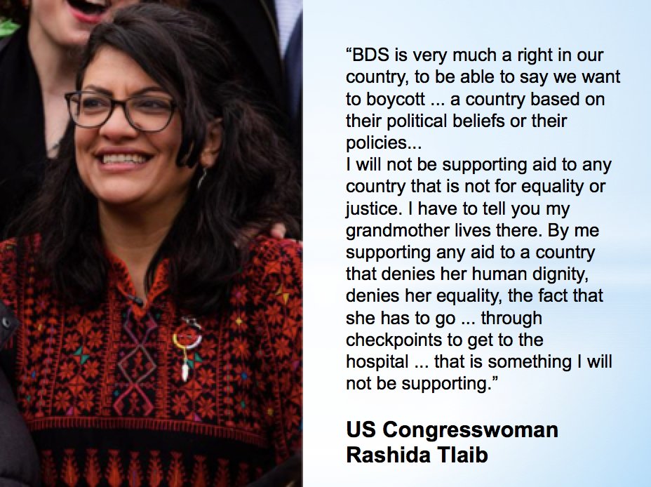 New U.S. Congresswoman @RashidaTlaib says that #BDS is a right, and she won't support U.S. aid to Israel.
Read more: https://theintercept.com/2019/01/17/when-do-we-impeach-the-motherfucker-with-rashida-tlaib/ …