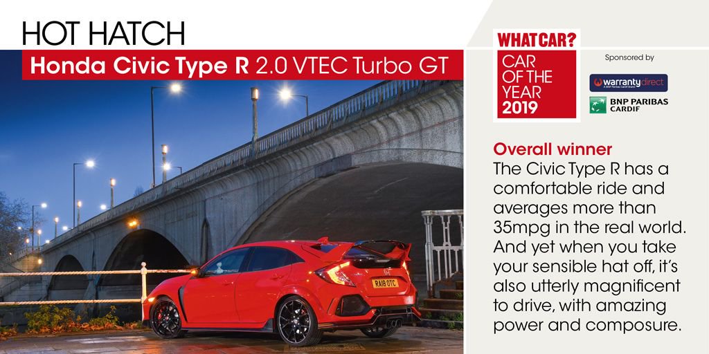 They’re all huge fun, but What Car?’s Hot Hatch of the Year is… the @Honda_UK Civic #TypeR! Collecting the award this evening, @PhilWebb14, Head of Cars at Honda UK! #whatcarawards