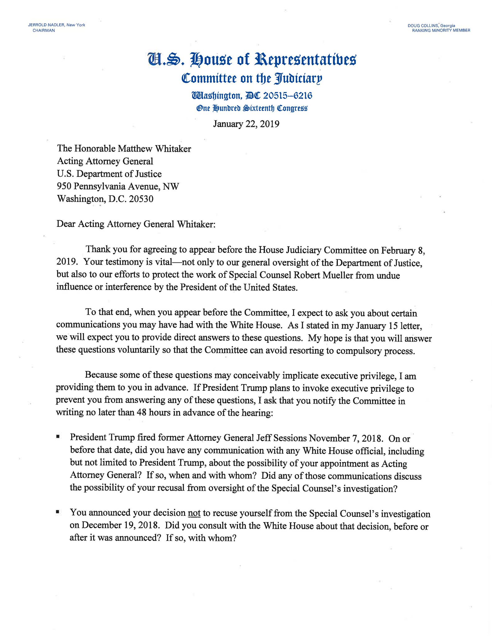 Rep. Nadler auf Twitter: "When Acting AG Whitaker testifies before