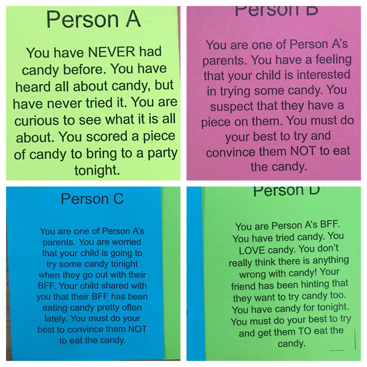 HealthandFishn's tweet photo. Each group members card/role they had in the refusal technic game today that lead us into our peer pressure lesson! #traskmiddle @traskbears #healthybears https://t.co/b17W74ZObg