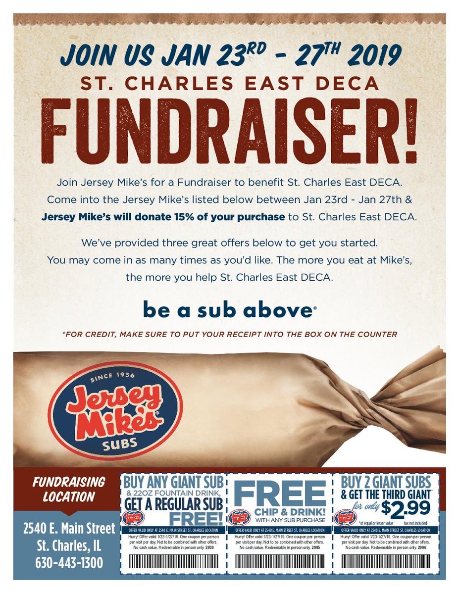 The St. Charles East chapter of DECA is hosting a fundraiser this week Wednesday through Sunday at Jersey Mike’s. Please try and make it if you can! Make sure to put your receipt in the box on the counter.