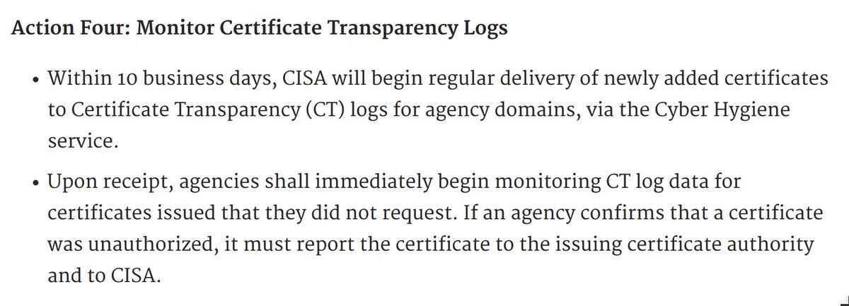 DHS will also start monitoring Certificate Transparency logs and notifying agencies of new certificates -- great for both the US government and the CT ecosystem.

Taken together: clear actions using modern tools to directly mitigate a real known threat. A+ cyber.dhs.gov/ed/19-01/