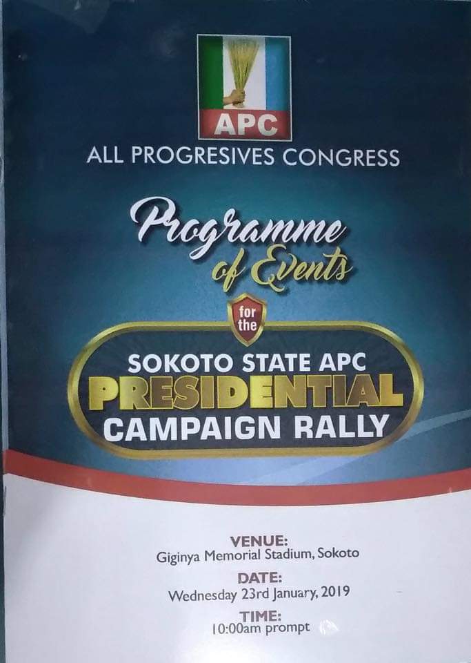 BNMCSokoto's tweet photo. Program schedule for the presidential visit to #Sokoto for APC campaign Rally. 
Tomorrow @Wednesday 23/1/2019. https://t.co/cod9S2bZfP