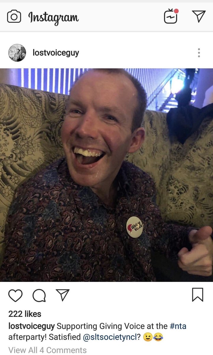 Thanks for supporting #Givingvoice Lee! Amazing! Especially at the #NTAs2019 ! @lostvoiceguy sporting a great shirt but most importantly the Giving Voice badge we @SLTSocietyNCL gave you. Have a great night Lee! @GivingVoiceUK #awarenessraising