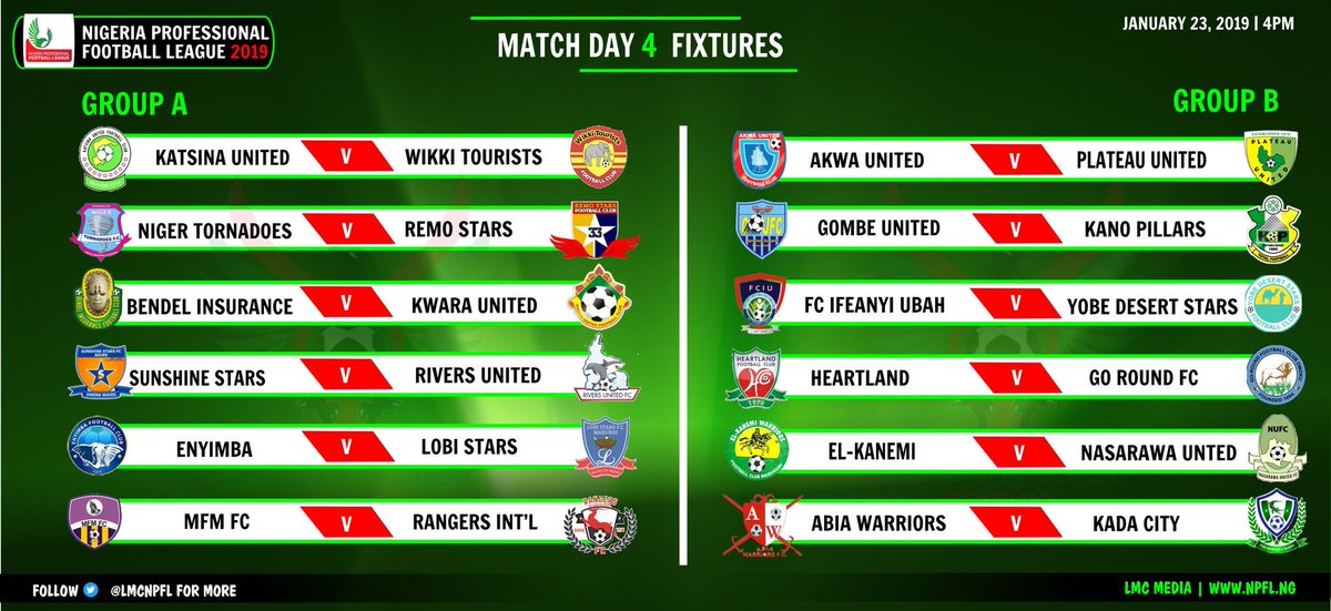 MATCHDAY 4⃣ Today

Full cast of Eleven Games as @RangersIntFC Begin quest for the NPFL 🏆  against @MFMFC_Lagos
Away from home. 

@ElkanemiFc 🆚 @Nasarawaunited on Thursday

#NPFL19 #UrbanSports