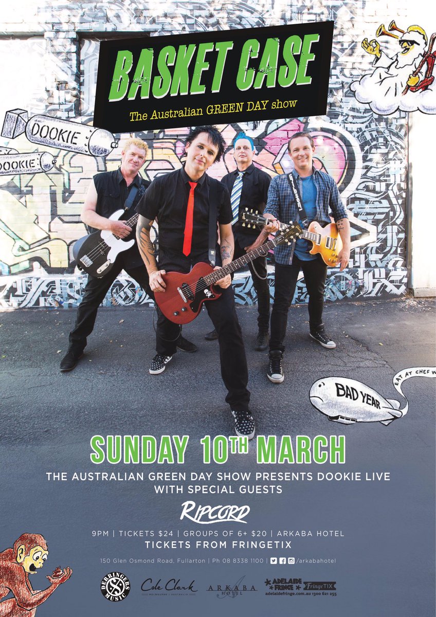 basketcaseaus1's tweet photo. @ArkabaHotel #adelaide 10th of March 2019 playing all the #greenday hits plus #Dookie in its entirety. @ADLFringe https://t.co/oSlaDJmON6 for tix https://t.co/R6vAvGUxi4