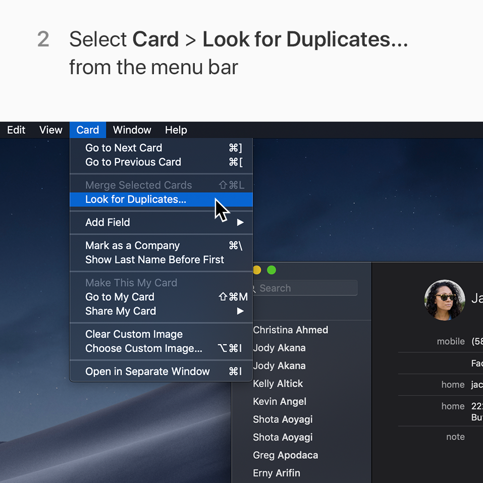 Step 2: Select Card, then Look for Duplicates from the menu bar