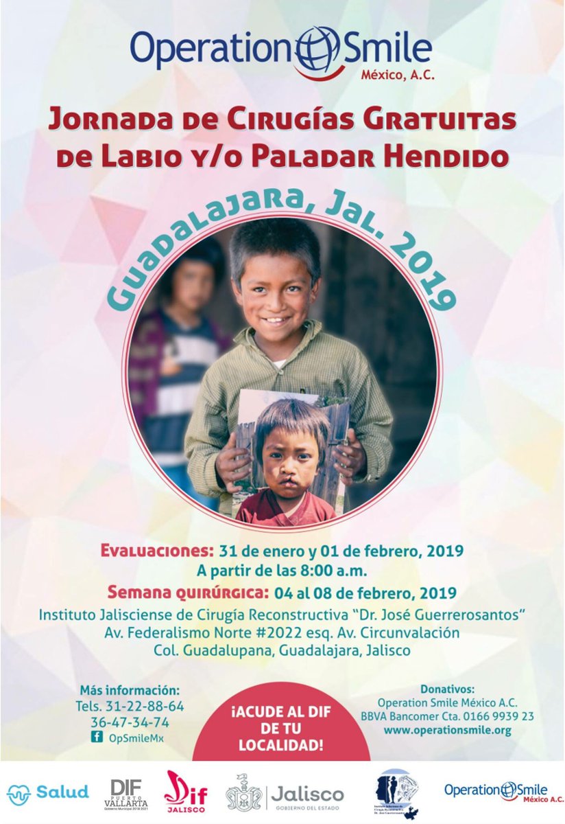 DIFVallarta's tweet photo. Jornada de Cirugías Gratuitas de Labio Leporino y Paladar Hendido en #Guadalajara.

📍 Inscripciones abiertas en Sistema DIF #PuertoVallarta, (Departamento de Trabajo Social).
📞 Informes al teléfono 2259936.
📆 Fecha Límite de inscripción: 28 de enero. https://t.co/drRF1aAqRR