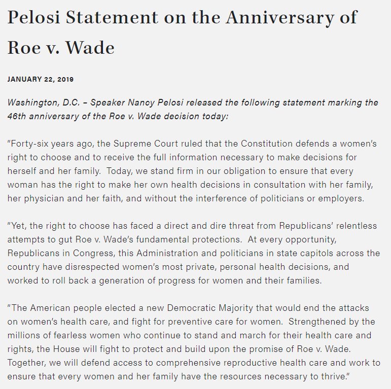 Statement released today by Speaker Nancy Pelosi marking the 46th anniversary of the Roe v. Wade decision