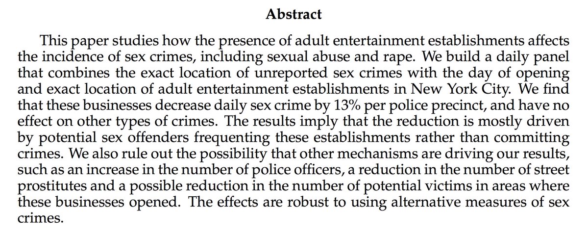 . @RiccardoCiacci &  @micasviatschi (2018) "The Effect of Adult Entertainment Establishments on Sex Crime: Evidence from New York City" http://www.micaelasviatschi.com/wp-content/uploads/2018/07/sex_cr_17_7_18.pdf