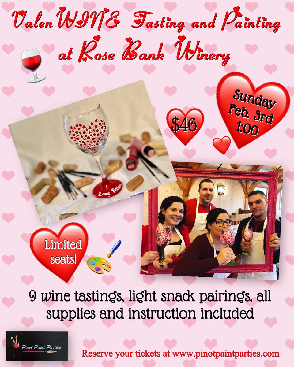 Join us for an early pre-game Feb 3rd @RoseBankWinery for #winetasting and #glasspainting. Bring a date or a friend!💕🍷 pls RT @buckshappening @VisitBucksPA #newtown #valentine #wineryevent #buckscounty