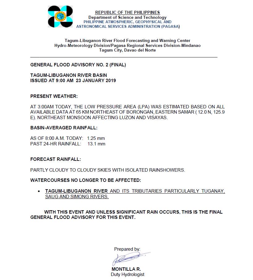 dost_pagasa's tweet image. General Flood Advisory No. 2 FINAL
Tagum-Libuganon River Basin
Issued @ 9AM, 23 January 2019