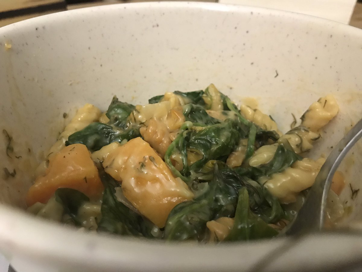 RoseXW's tweet image. One pot spinach sweet potato pasta, recipe from @buildyourbite is so good! I made some adjustments on what we had- like dill instead of sage and thyme, and coconut milk instead of cream, and marble cheese instead of Parmesan. It’s still fantastic!
