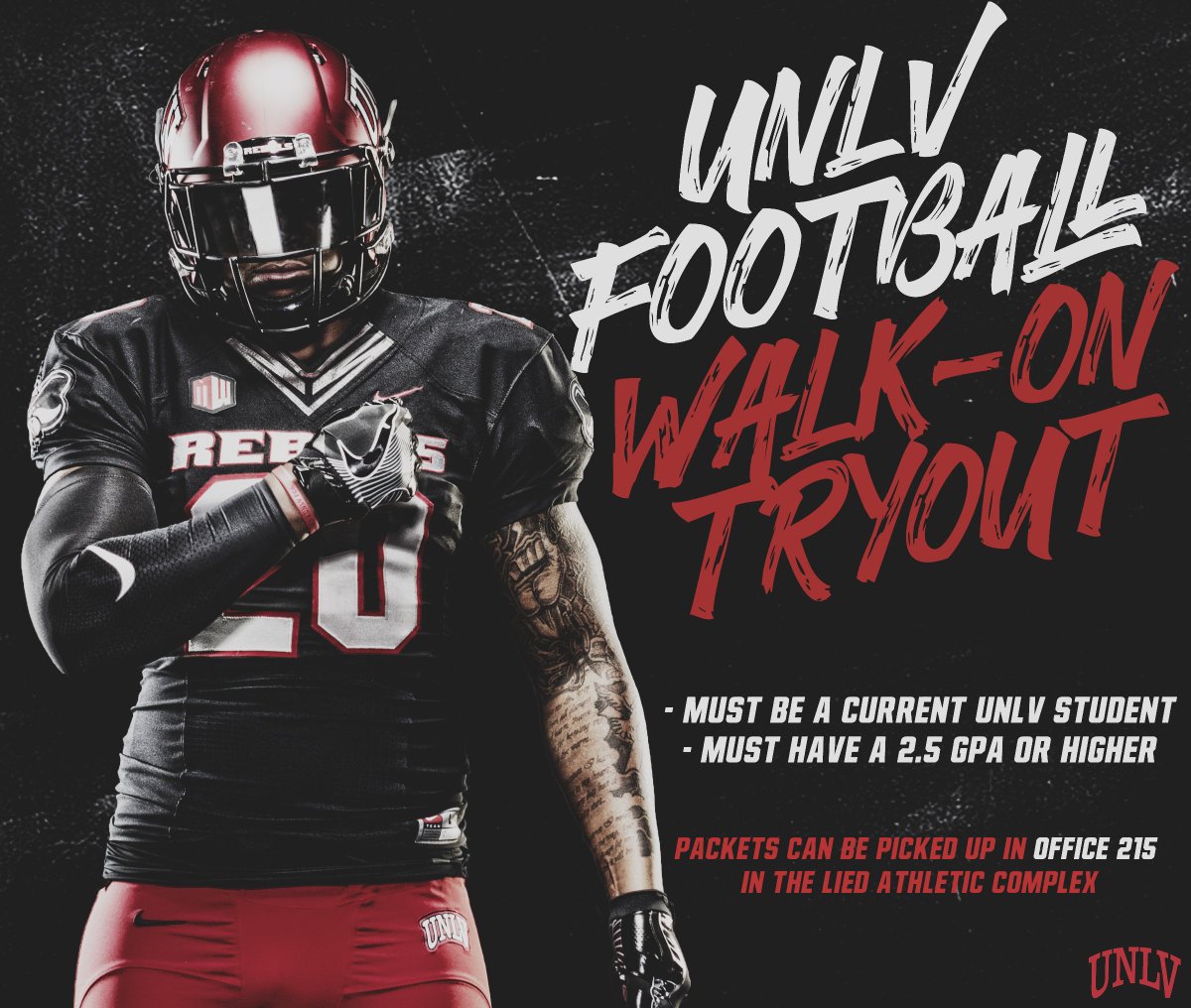 Interested in playing for UNLV Football? Our annual walk-on tryout is next month. 

It's open to all current UNLV students with a 2.5 GPA or higher. 

You can pick up your tryout packet in Office 215 of the Lied Athletic Complex.