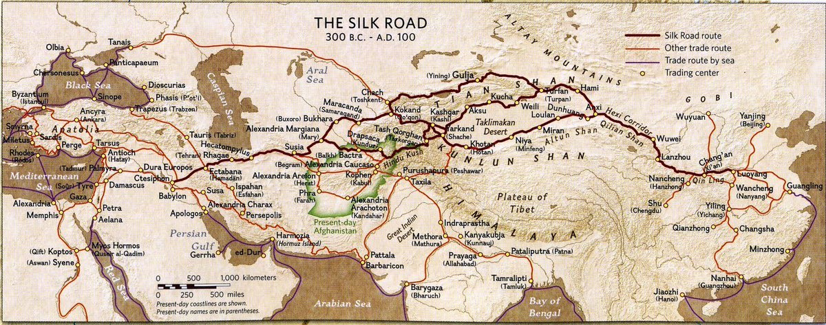 Silk Road trade routes, East to West, traded in Silk, Gold, Silver, Spices+ more, for thousands of years.The Horn of Africa was a migration path to Asia. many empires created, introducing Buddha's teachings.