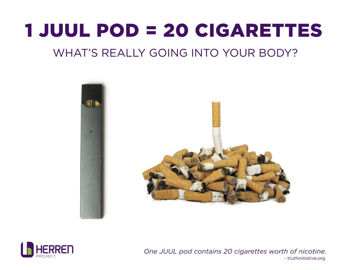 herrenproject on X: Fact: A single JUUL cartridge is roughly equal to a  pack of cigarettes, or 200 cigarette puffs, according to the product  website. HerrenProject HPgoesPurple knowthefacts prevention  t.comCh5qQVw54 t.coW4LsNCZ4Lo 